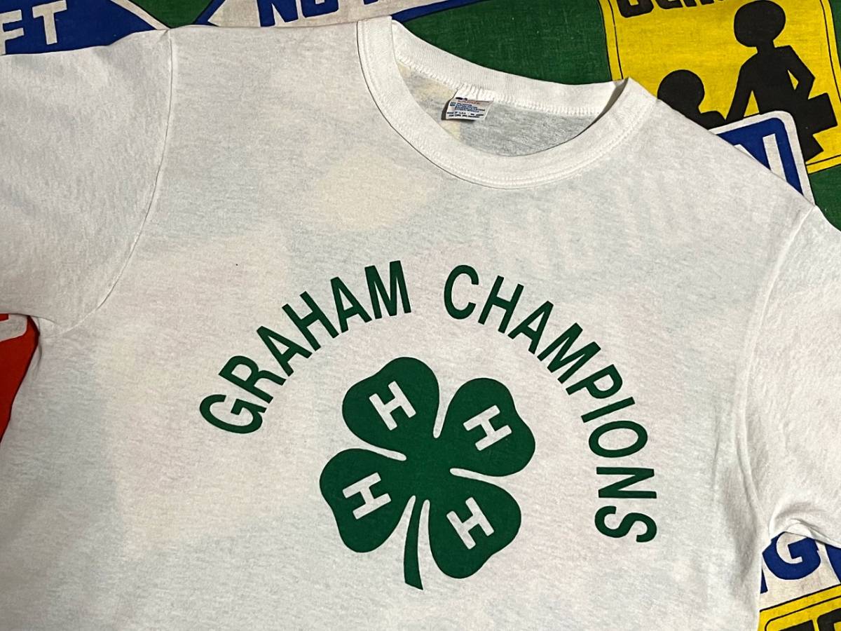 ☆幸運の４つ葉のクローバー☆Made in USA製アメリカ製Championチャンピオンビンテージ染み込みプリントTシャツ80s80年代トリコタグ白×緑_♪1980s~ Champion♪