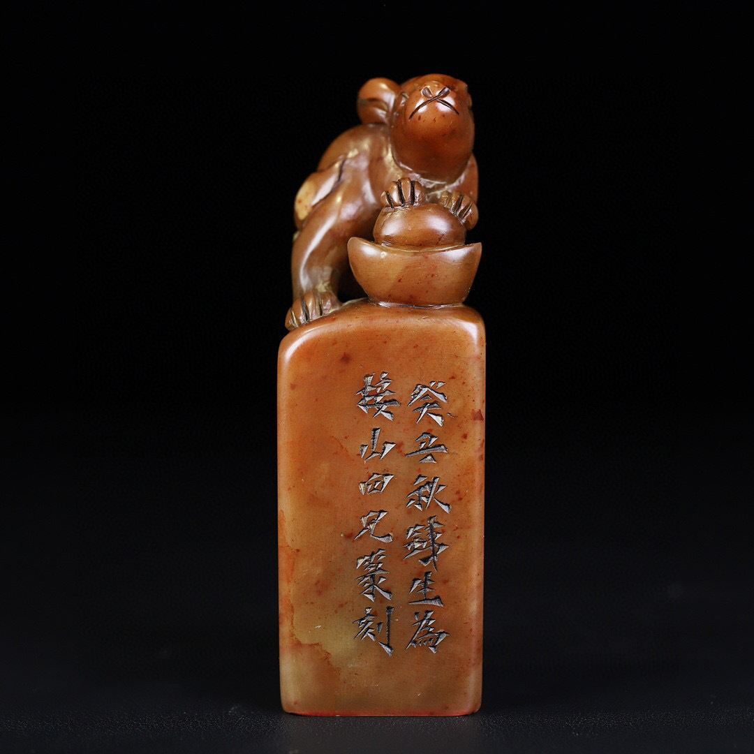 ▽鴻▽寿山石 芙蓉石 細密彫 福兔鈕印章 置物 古賞物 中国古玩 中国古美術-
