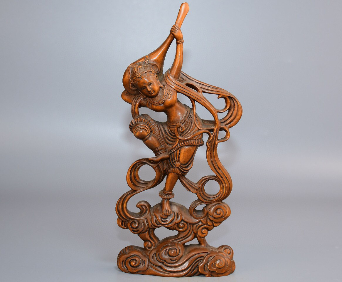 ▽鴻▽黄楊木製 細密彫 琵琶美女 置物 古賞物 中国古玩 中国古美術