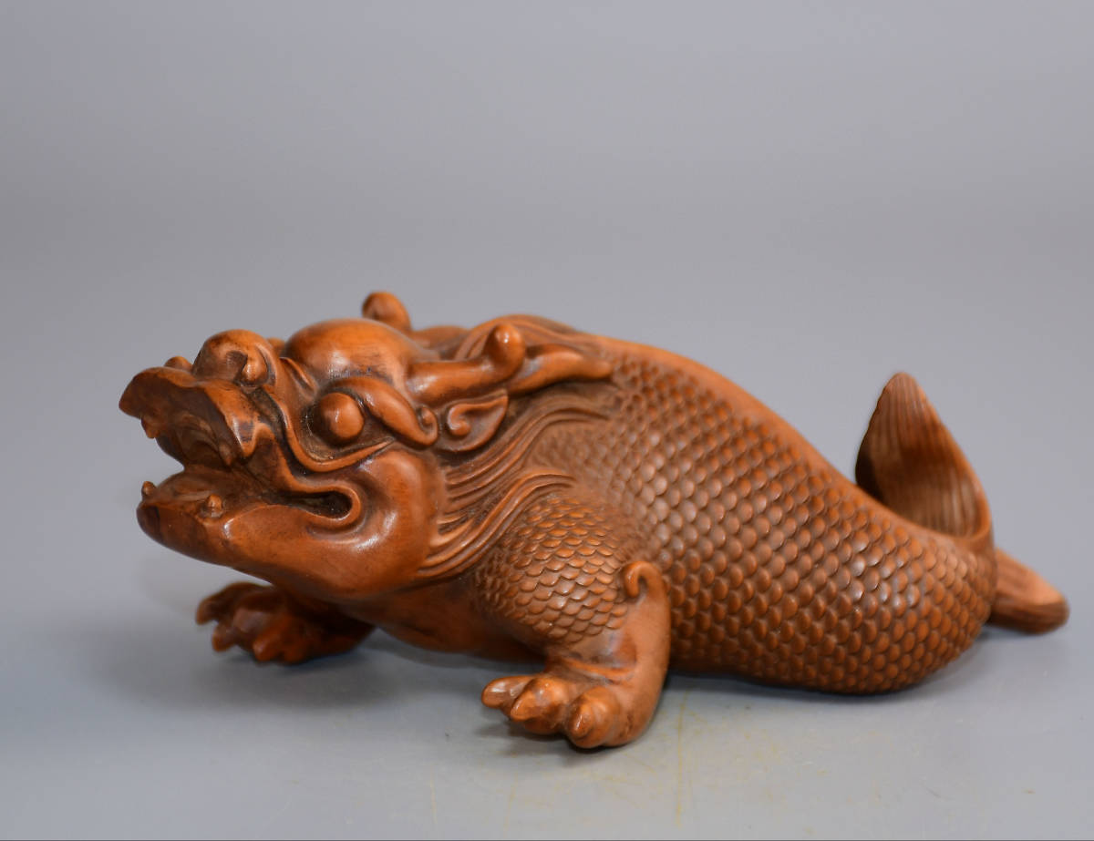 ▽鴻▽黄楊木製 細密彫 龍魚 置物 古賞物 中国古玩 中国古美術-