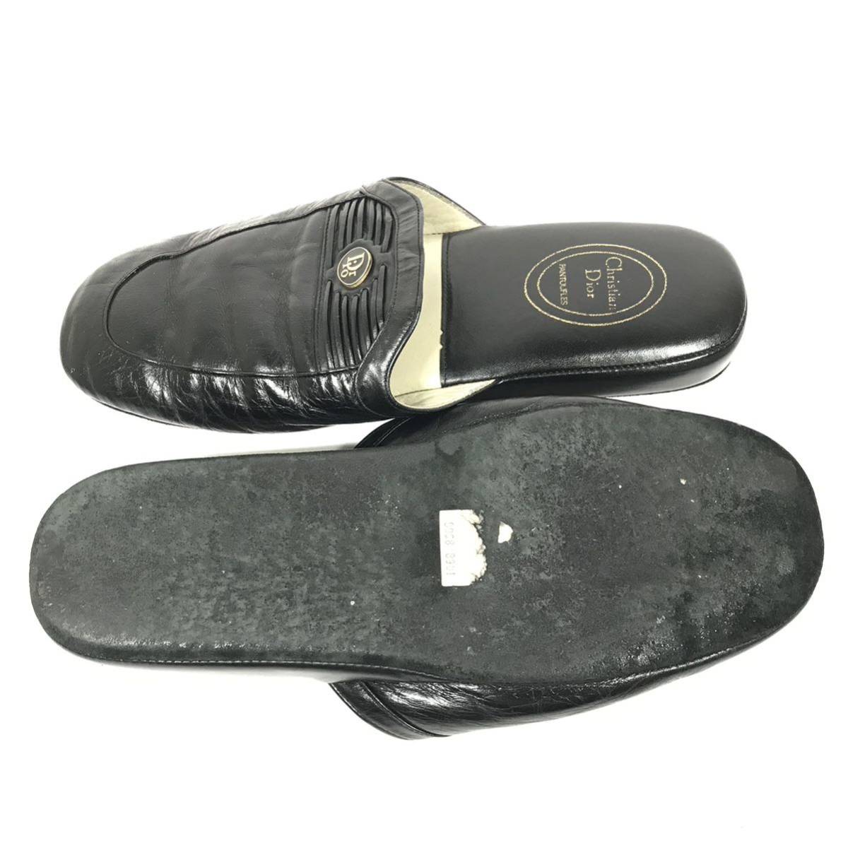 【ディオール】本物 Christian Dior PANTOUFLES 靴 約24.5cm 黒 スリッパ ルームシューズ 室内履き ロゴ金具 本革 レザー 男性用 メンズ 5の画像4
