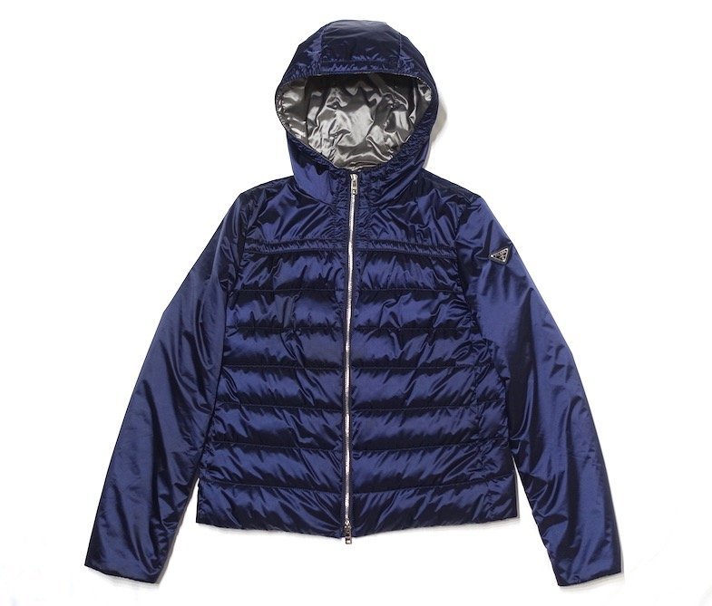 19AW 美品 PRADA プラダ レザーディテール 三角ロゴ フーデッド ダウン