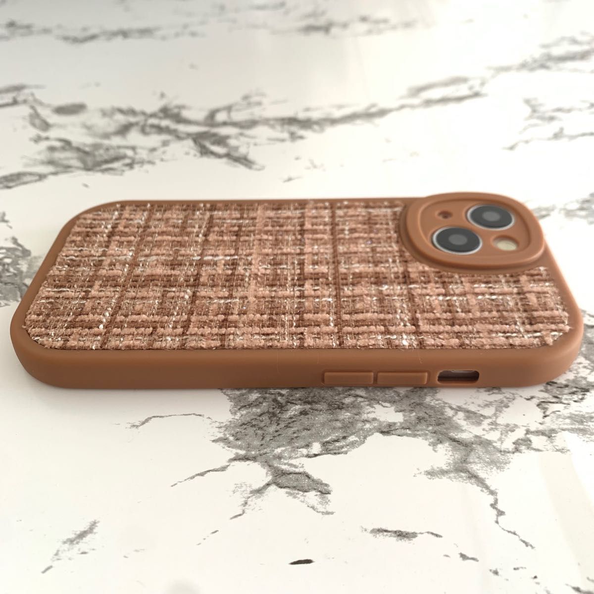 iPhone14　ケースカバー　ツイードブラウン