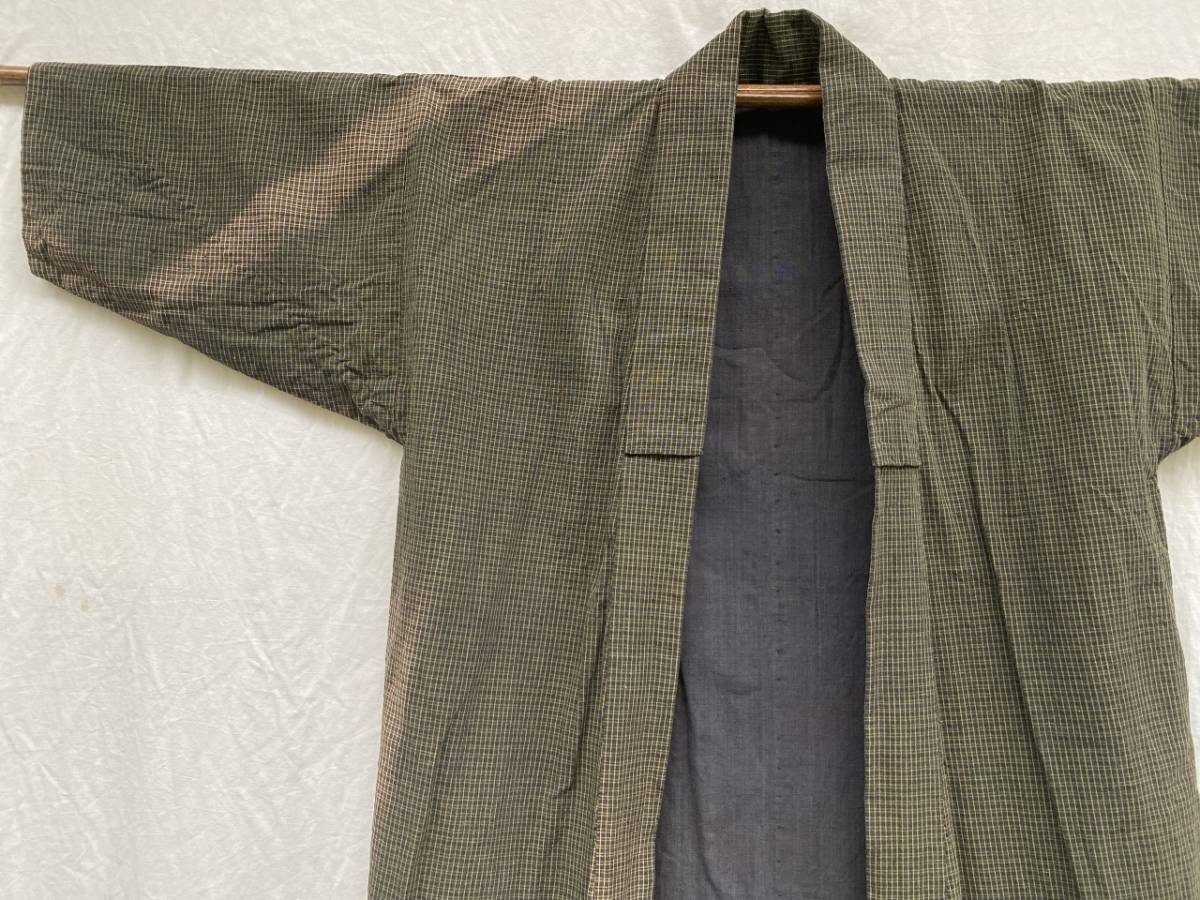 珍品 緑系 日焼け サンフェード 昭和初期 戦前 戦後 野良着 麻 藍染 格子 手差し ジャパンヴィンテージ JAPAN VINTAGE 日本の古い服 30s40s