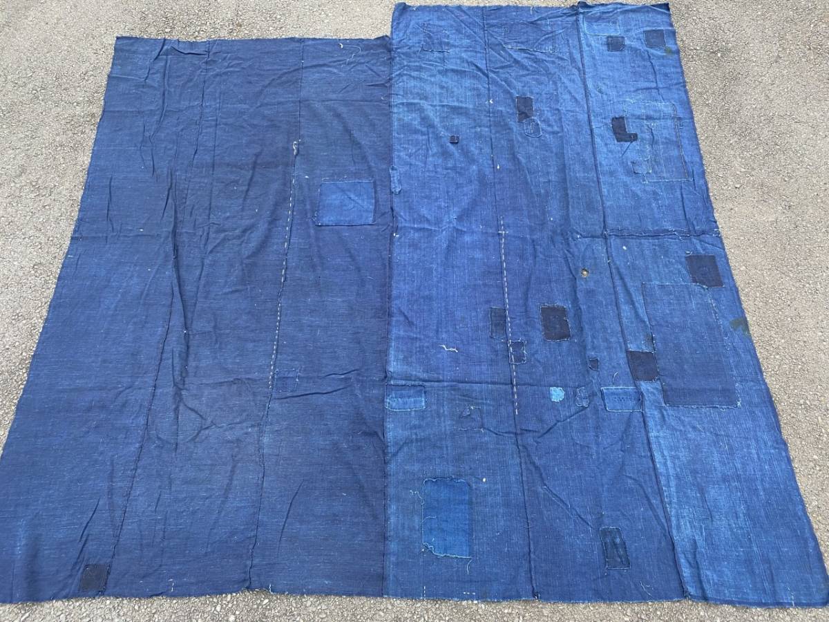 複数の当て布 抜群の色味 敷物 藍のコントラスト もめん 6幅 藍染 FABRIC 古裂 古道具 JAPAN VINTAGE ジャパンヴィンテージ 30s40s50s 襤褸