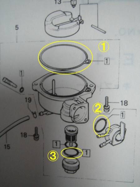 スーパー カブ 　キャブレター　フロート　パッキン　c50 　c70 　c90 　ＷＡＶＥ　ＣＤ　モトラ　ジャズ　100ＥＸ　_黄色の丸①②③の3点です