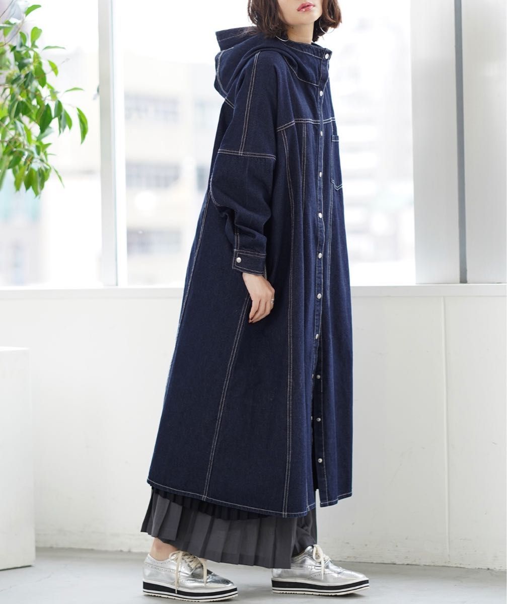 n'OrLABELノアール スタンドフード ロングデニムコート ジャケット