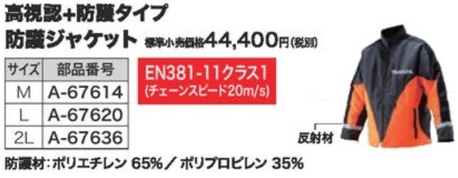 マキタ makita チェーンソー防護用 防護 ジャケット 高視認+防護タイプ 2L A-67636 林業 土木 工事 造園 工事業 建築 農林 防護 服 作業服_ジャケット 高視認+防護タイプ 2L A-67636