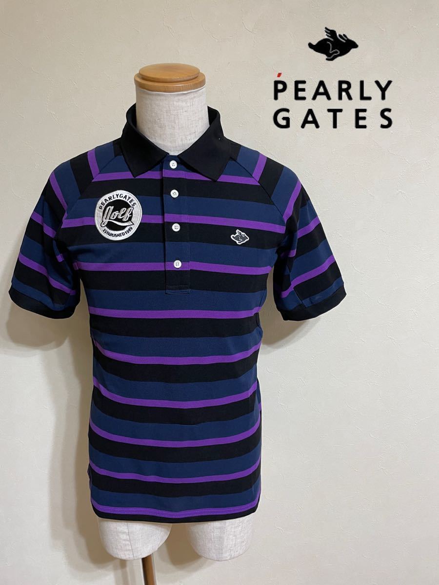 PEARLY GATES GOLF パーリーゲイツ ゴルフ ウェア ドライ ポロシャツ トップス ワッペン サイズ4 半袖 ネイビー 紫 黒 ボーダー 053-260860