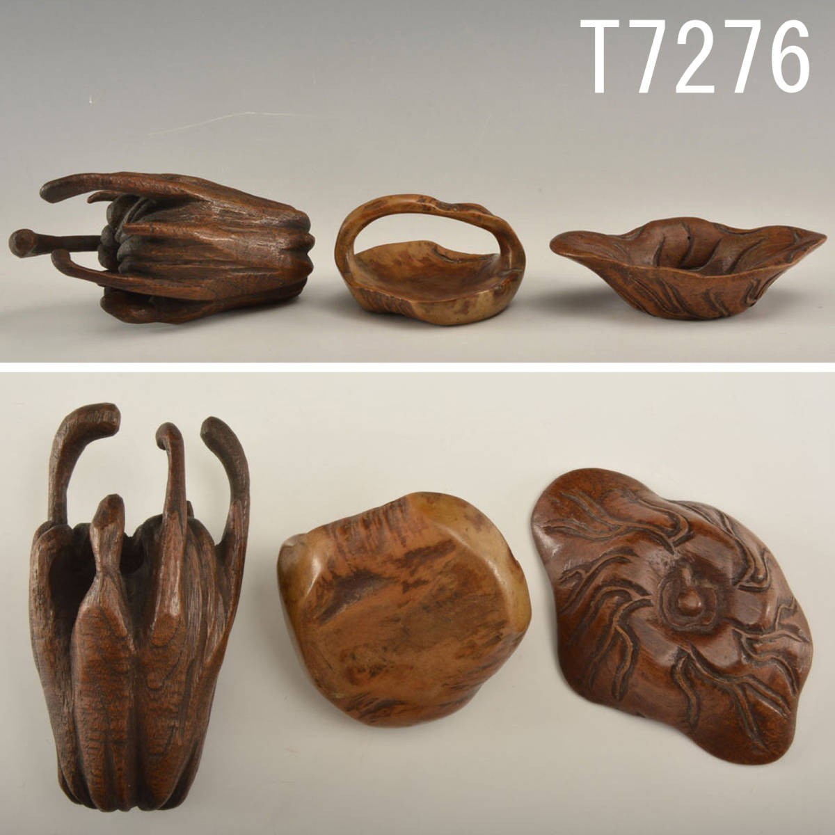 T07276 木製茶巾置2、仏手柑木彫置物1 計3点：真作