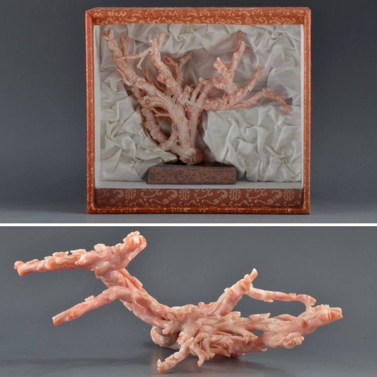 T01060 サンゴ花鳥彫り飾り 約392ｇ 珊瑚：真作-