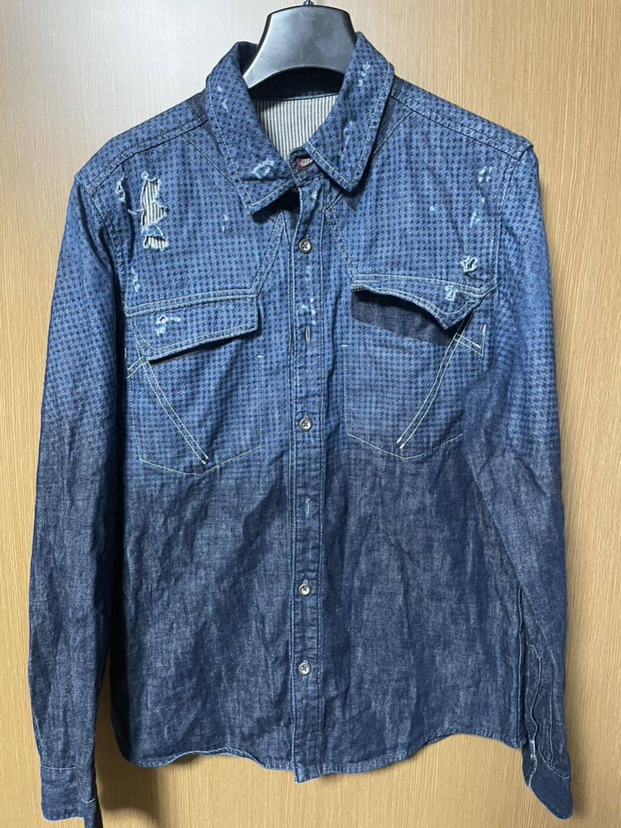 [M] Jill bo- редкость ценный Denim рубашка ватт woshu Vintage Laser обработка повреждение 