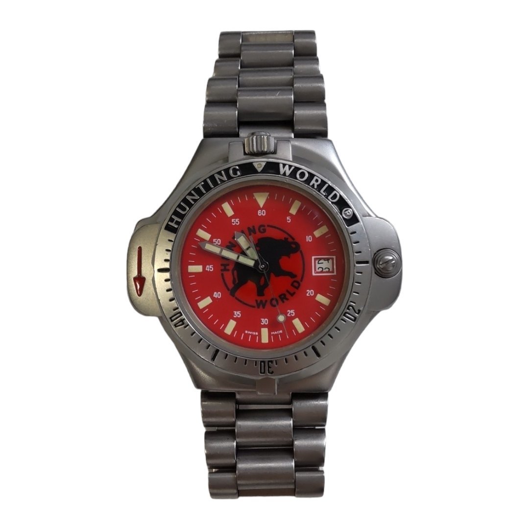 N9-94RD secondhand goods HUNTIG WORLD Hunting World wristwatch quartz clock face red operation goods box less body only 