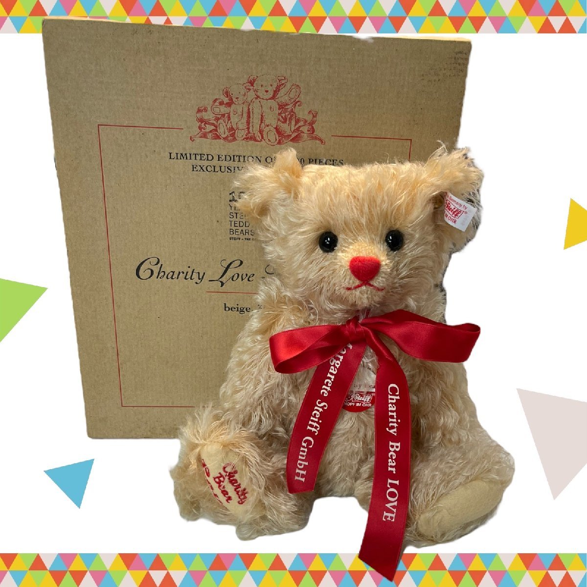 【中古品】 シュタイフ Charity Love Teddy Bear チャリティ・ラブ・テディベア ぬいぐるみ 赤リボン くま 箱有 J48342RB