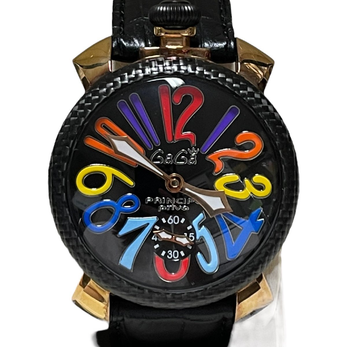【中古品】 GaGa MILANO x Principe Prive Wネームコラボ 日本限定モデル No.071/250 手巻き 裏スケ 文字盤ブラック メンズ腕時計 L49218RE