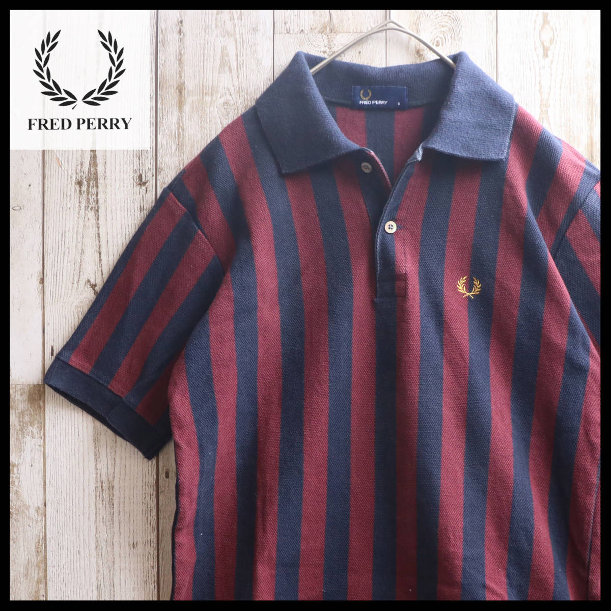 [USED] Fred Perry FREDPERRY polo-shirt stripe pattern yellowtail tissue Oi England LONDON old clothes S size * free shipping *