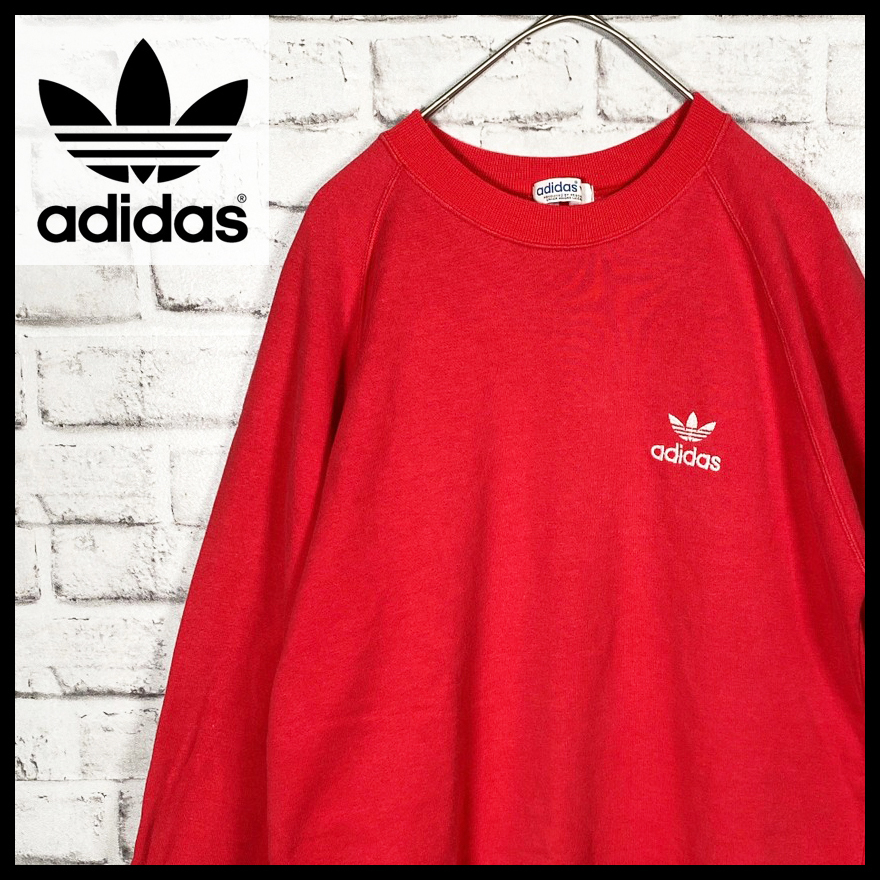 【USED】希少 アディダス adidas ビンテージ トレーナー スウェット トレフォイルロゴ 80s 古着 デサント社製 Mサイズ レッド ☆送料無料☆_画像1