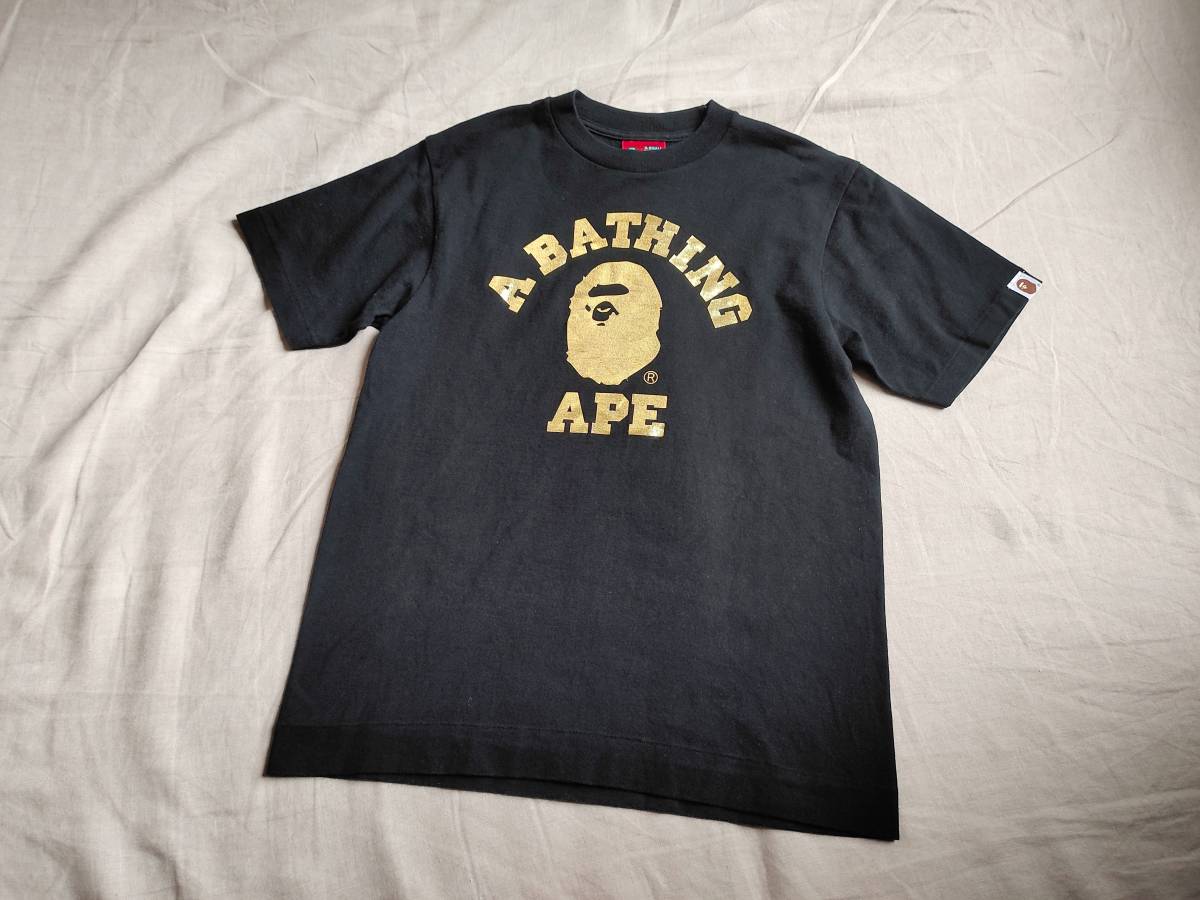 初期 A BATHING APE ア ベイシング エイプ BUSY WORKロゴ Tシャツ カットソー 金猿 半袖 コットン S 黒 ブラック ★9