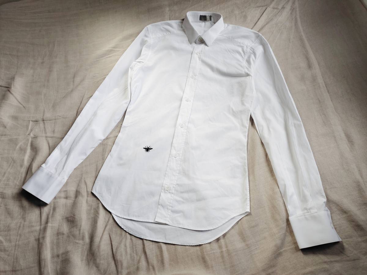 エディ期 Dior HOMME ディオールオム シャツ BEE刺繍 蜂 コットン 長袖 コットン 白 ホワイト 37 イタリア製 ★9