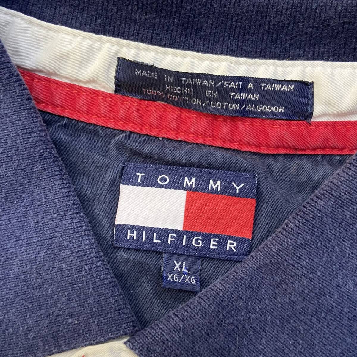 90s TOMMY HILFIGER ポロシャツ XL グリーン ボーダー柄 ロゴ 刺繍 ストライプ 半袖 シャツ オールド トミーヒルフィガー_画像3