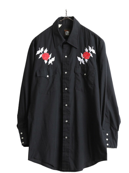 80s ヴィンテージ KARMAN 薔薇 刺繍 長袖 ウエスタン シャツ メンズ M 程 古着 80年代 カルマン 長袖シャツ ブラック ポケット付き 黒 バラ