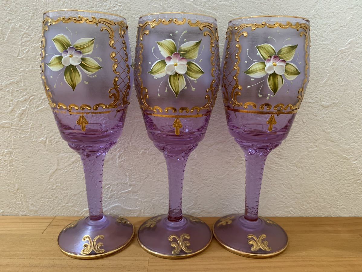 入園入学祝い ベネチアングラス 花柄 金彩ワイングラス ３点セット