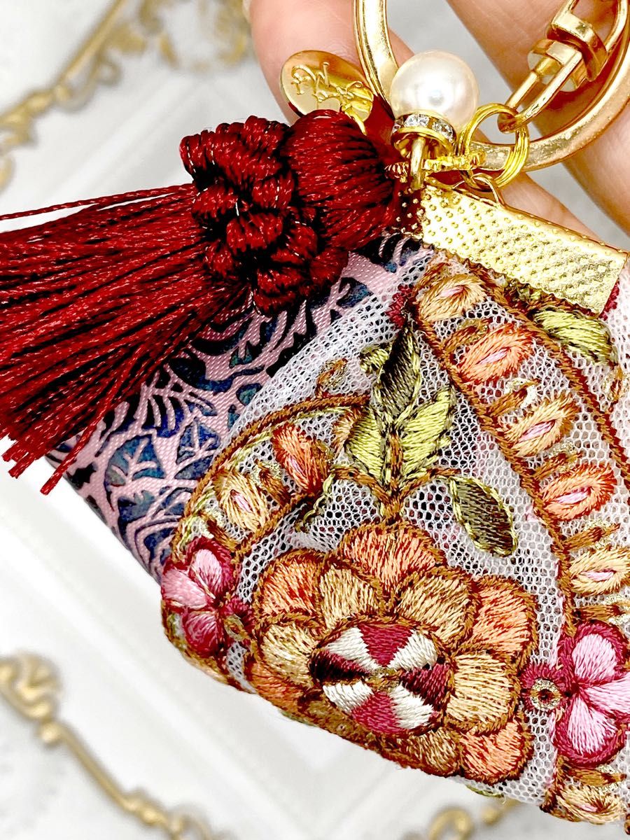 2183インド刺繍リボン キーホルダー キーリング キーチャーム