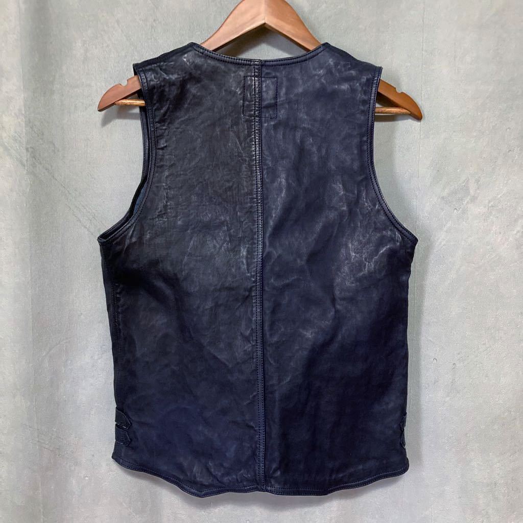 CRIMIE クライミー LEATHER VEST NAVY シワ加工 サイドベルト ジップ オールレザー ベスト ジレ size.M ネイビー 本革 牛革_画像4