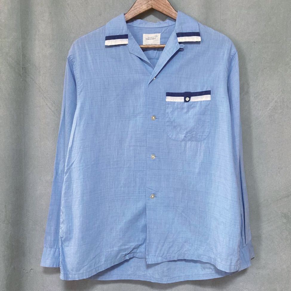 50's VINTAGE PENNEY'S TOWNCRAFT タウンクラフト 船タグ ヴィンテージ コットン オープンカラー シャツ size.M ブルー 袖汚れ 日焼けあり