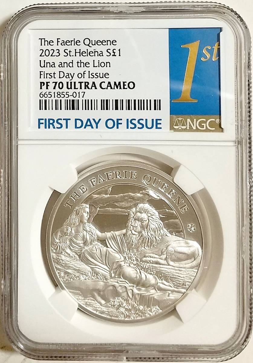 FDI 2023年 セントヘレナ フェアリークイーン ウナとライオン 1ポンド 1オンス プルーフ銀貨 NGC PF70 ULTRA CAMEO First Day of Issue_画像1