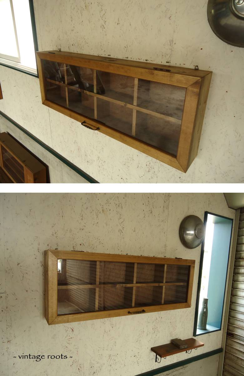 -vintageroots- 09 ornament collection case < pine natural wood antique shelf cabinet display shelf rack house Cafe >