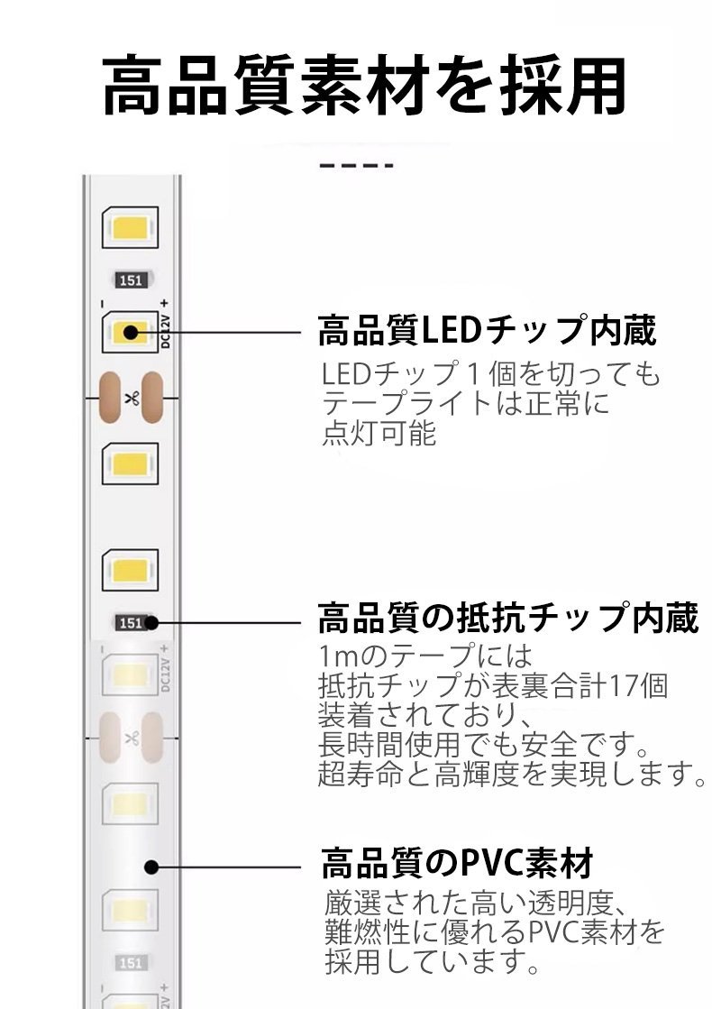 BANNAI 車用 LEDテープ 防水IP68 AC110V 1m PSE認証 家庭用ACアダプター 車 間接照明 両側配線 LEDテープ巻 1M/120連 超高輝度 簡単設置 明_画像2