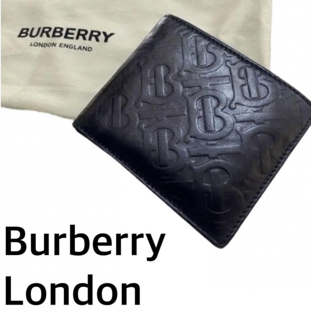 現行品　Burberry London　バーバリー TB バイフォールドウォレット エンボス モノグラム 総柄　２つ折財布　黒　ブラック　トレンチレザー