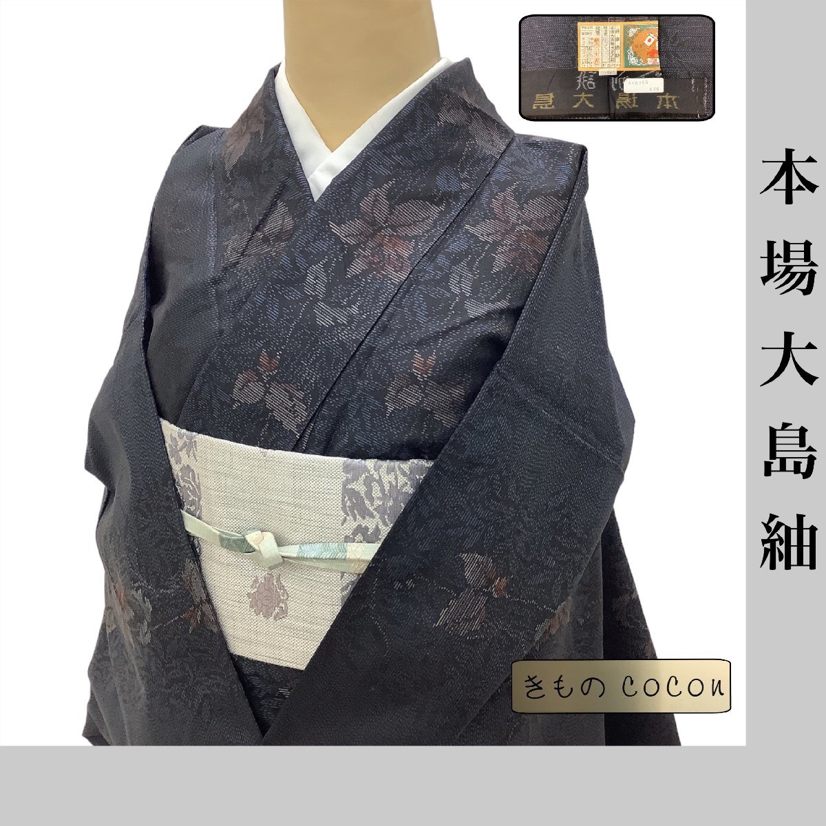 着物cocon☆本場大島紬 袷 身丈163.5 裄66.5 正絹 青・黒系 証紙有り