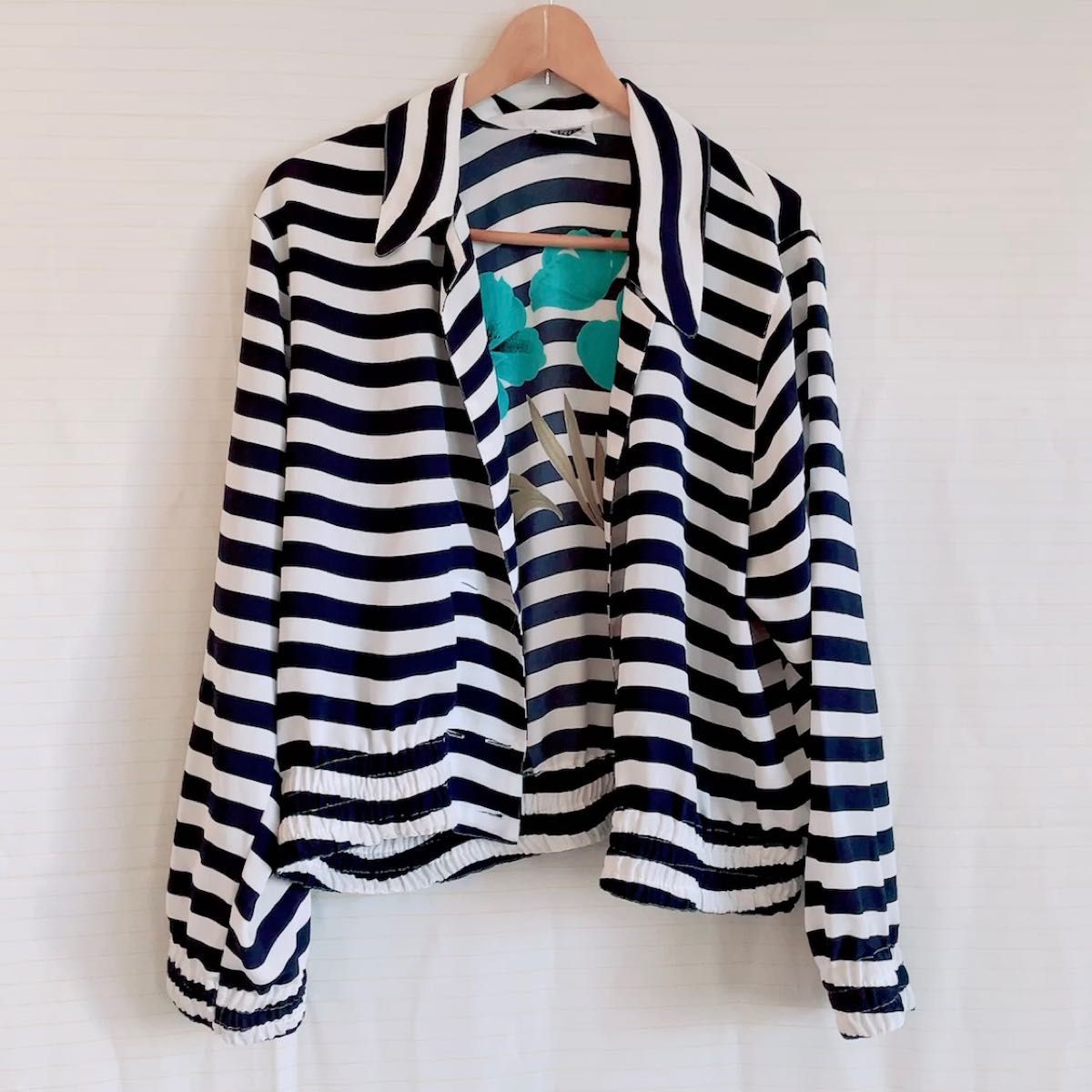 ヴィンテージ古着 青いお花バックプリントのストライプ柄シャツ ジャケット JACKET
