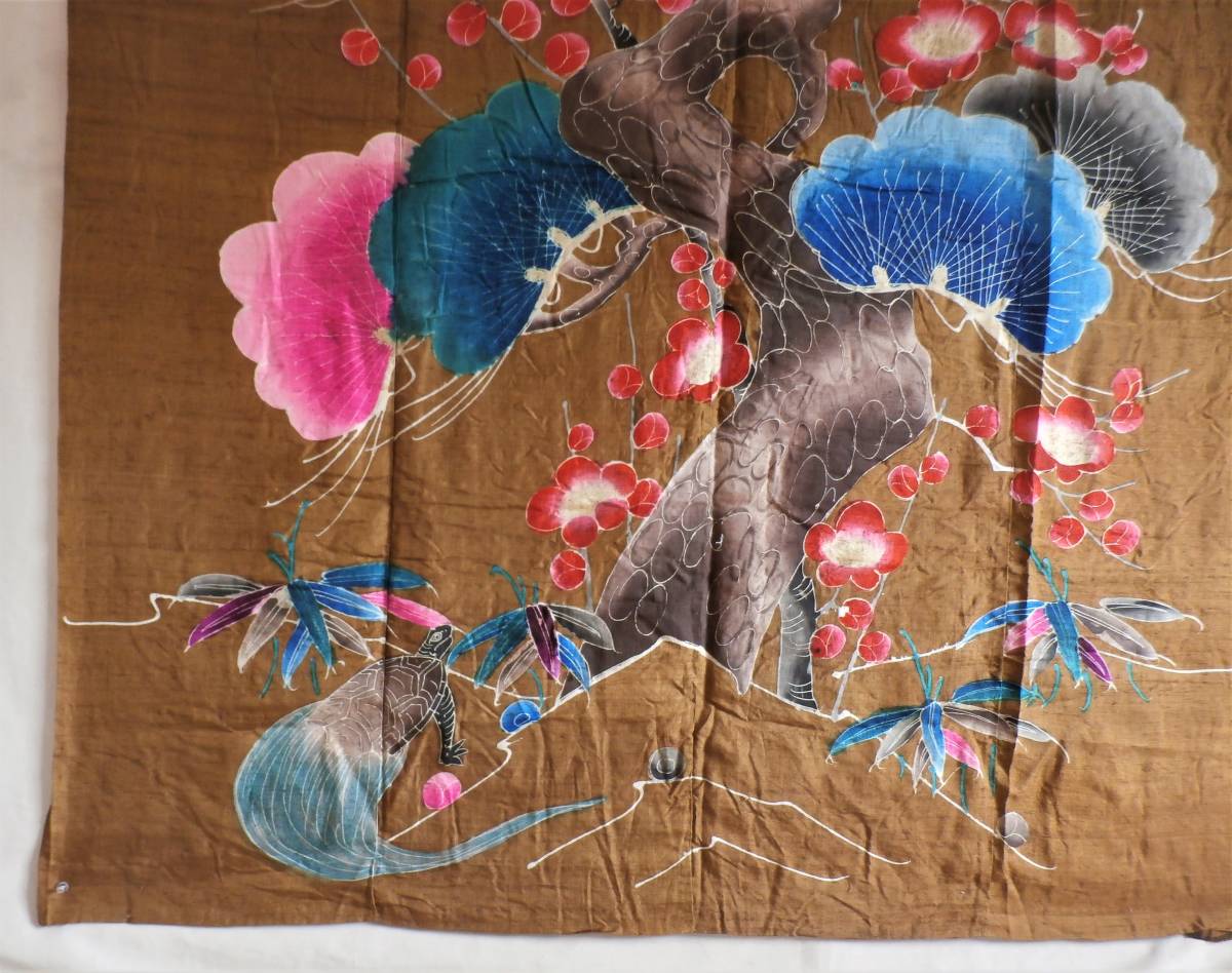  шелк ткань индиго окраска сосна бамбук слива журавль черепаха .. предмет старый ткань кимоно переделка правый G Noren . салон орнамент тубус документ . гобелен интерьер индиго цвет 