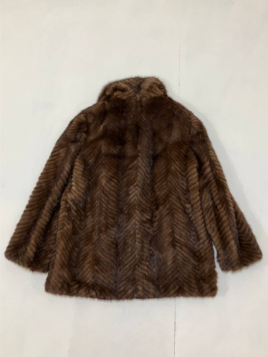 【JORDACHE】リアルファー MINK ミンク? 本毛皮 ショールカラー フロントホック式 ハーフコート ヘリンボーン ジャケット 茶 ブラウン