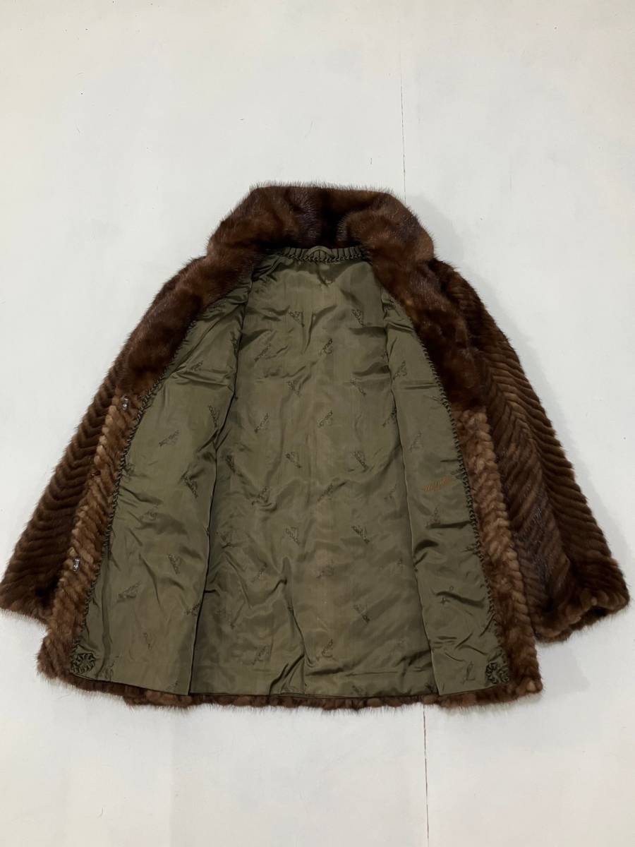 【JORDACHE】リアルファー MINK ミンク? 本毛皮 ショールカラー フロントホック式 ハーフコート ヘリンボーン ジャケット 茶 ブラウン