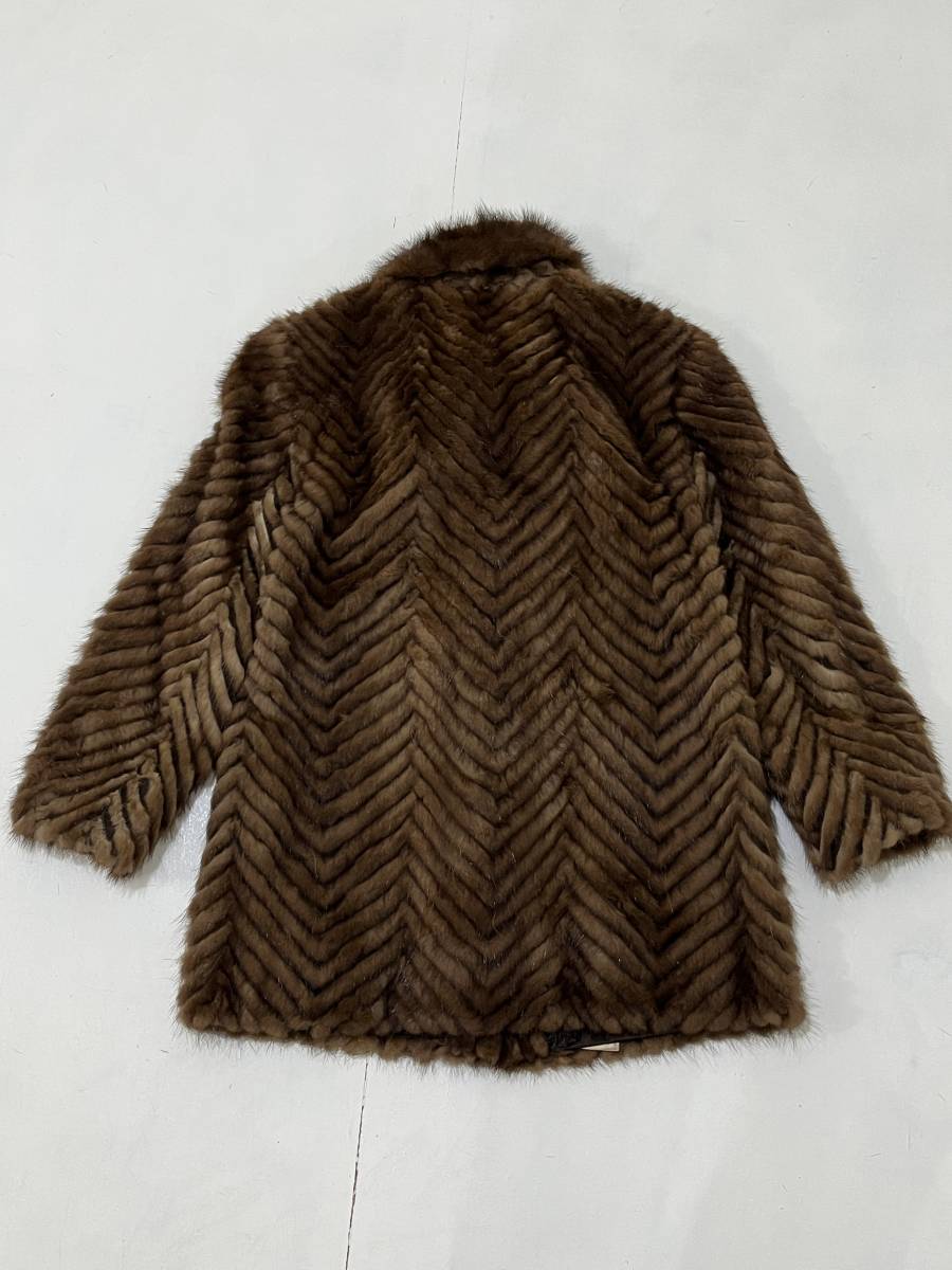 【MINK FUR】ミンクファー 本毛皮 ヘリンボーン柄 ノッチドラペル ハーフコート ジャケット 茶 ブラウン