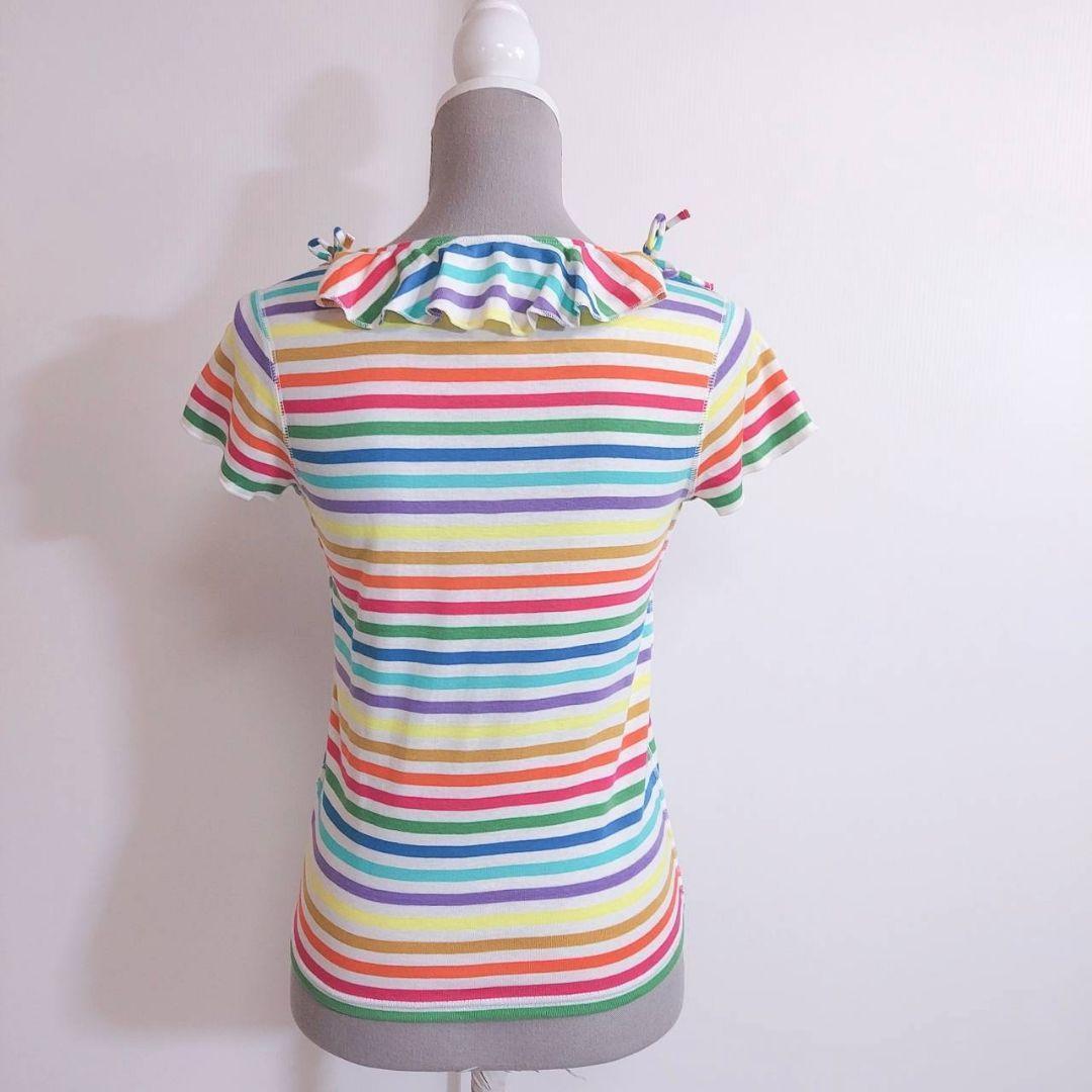 SONIA RYKIEL collar frill & ribbon * 7 color multi border T-shirt declared size 14Y*SM size corresponding 66382