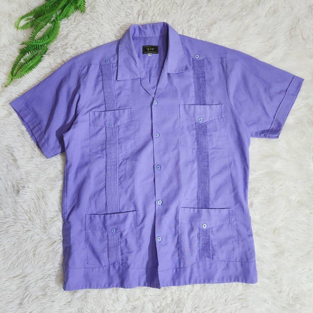 メキシコ製 キューバシャツ・4ポケット&ピンタック・オープンカラー半袖シャツ 表記サイズ38 実寸L相当 紫パープルグアヤベラシャツ67980_画像2