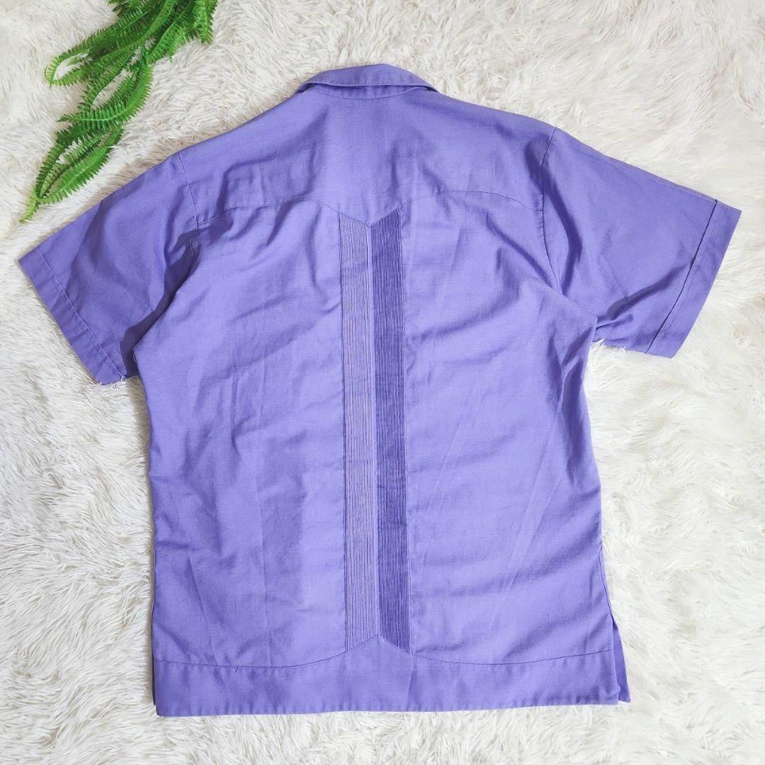 メキシコ製 キューバシャツ・4ポケット&ピンタック・オープンカラー半袖シャツ 表記サイズ38 実寸L相当 紫パープルグアヤベラシャツ67980_画像10