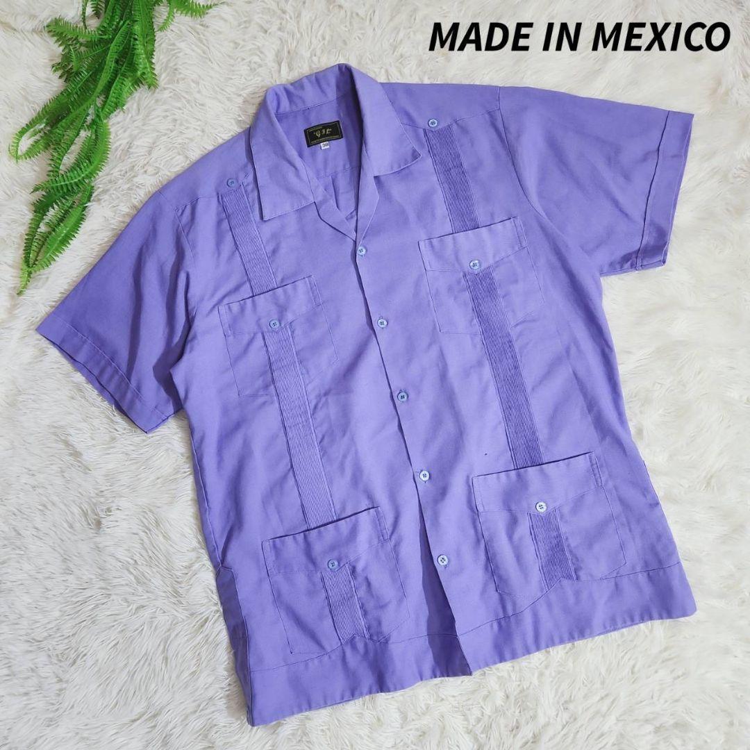 メキシコ製 キューバシャツ・4ポケット&ピンタック・オープンカラー半袖シャツ 表記サイズ38 実寸L相当 紫パープルグアヤベラシャツ67980_画像1