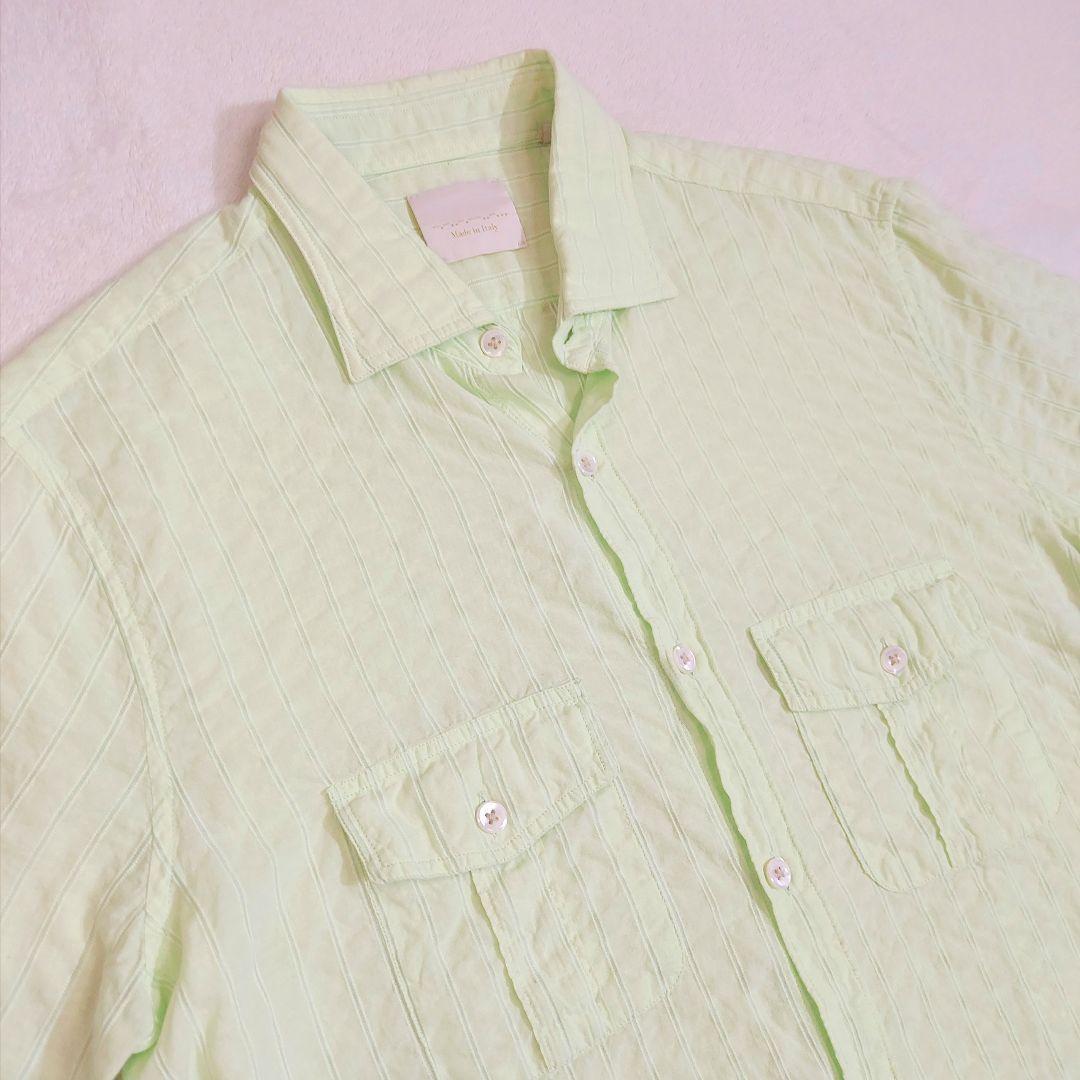 イタリア製 やわらかコットン素材・半袖シャツ・淡いライトグリーン黄緑 Mサイズ 81056_画像3