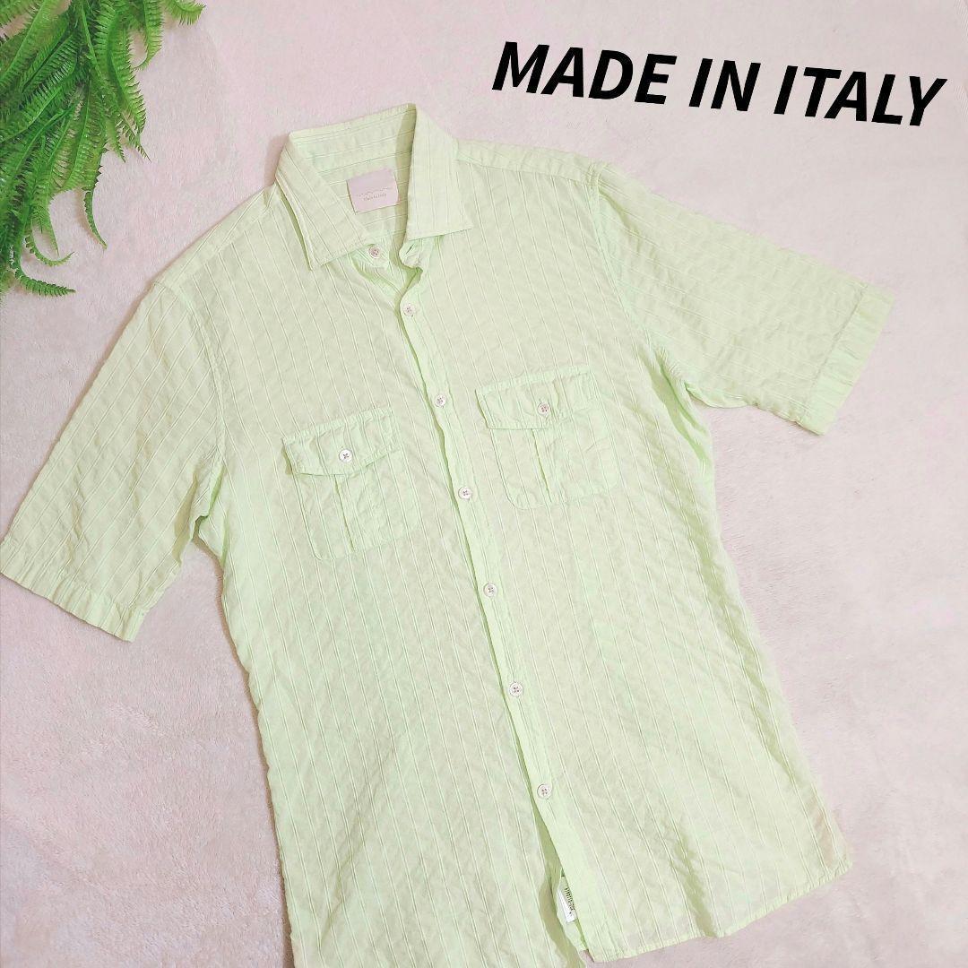 イタリア製 やわらかコットン素材・半袖シャツ・淡いライトグリーン黄緑 Mサイズ 81056_画像1