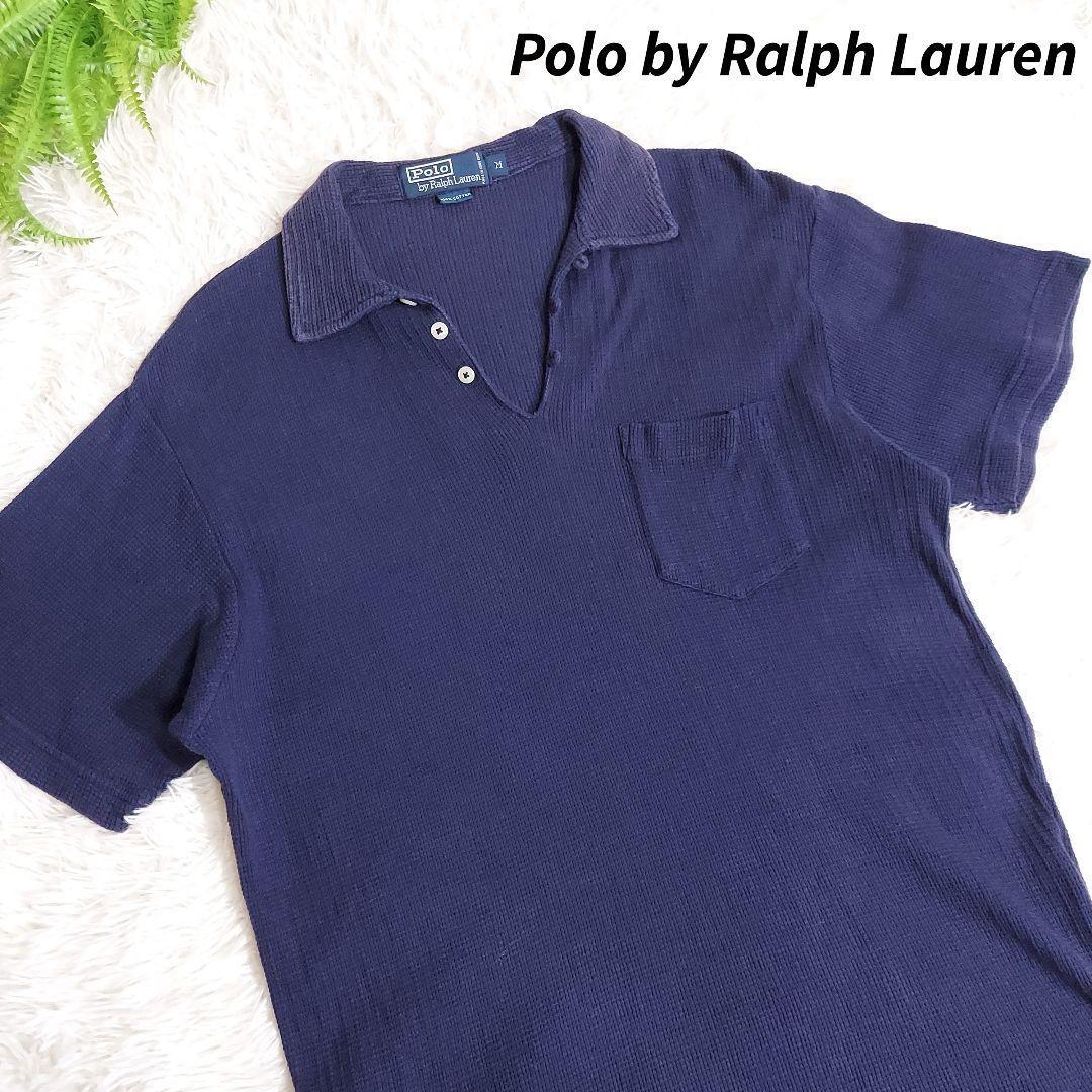 Polo by Ralph Lauren サーマル生地・半袖ポロシャツ ネイビー ワッフル生地 よく伸縮 表記サイズM 実質L ラルフローレン82172_画像1