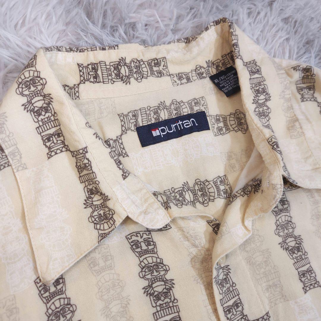 Puritan レーヨン100% トーテムポール総柄シャツ半袖 表記XL 大きいサイズ アメリカ古着 クリーム&黒&白81354