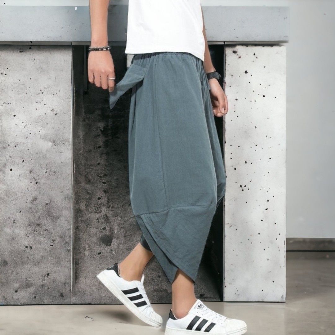 サルエルパンツ XL ブルーグレー メンズ 韓国 7分丈 リネン ハーフ