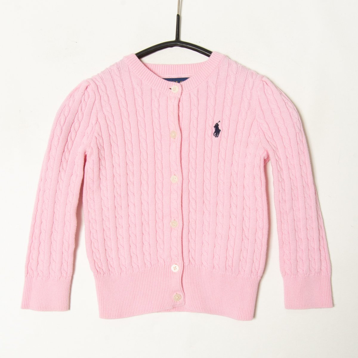 メール便◯ POLO RALPH LAUREN ラルフローレン クルーネックケーブルニットカーディガン 綿100％ ポニー刺繍 ピンク 2T 90サイズ ベビー_画像1