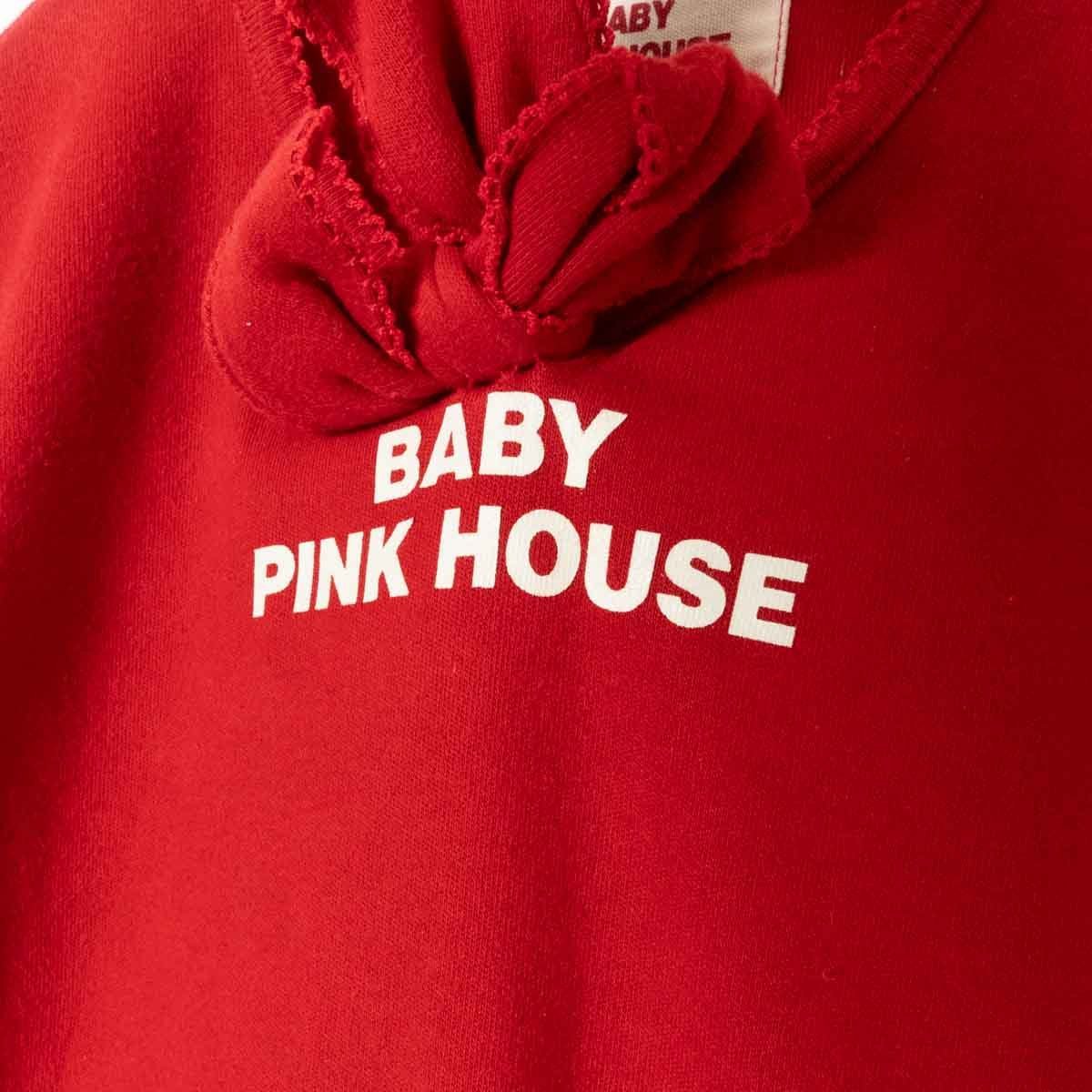 BABY PINK HOUSE ワンピース ベビーピンクハウス レッド 赤 リボン プリントロゴ かわいい フレア 子供 キッズ コットン100％ 綿 M 日本製_画像3